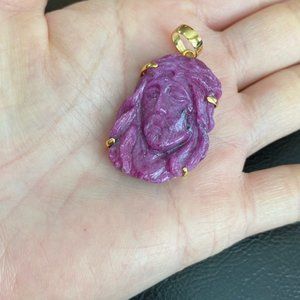 14K Solid Real Gold Carved Natural Ruby Jesus Christ Head Face Pendant